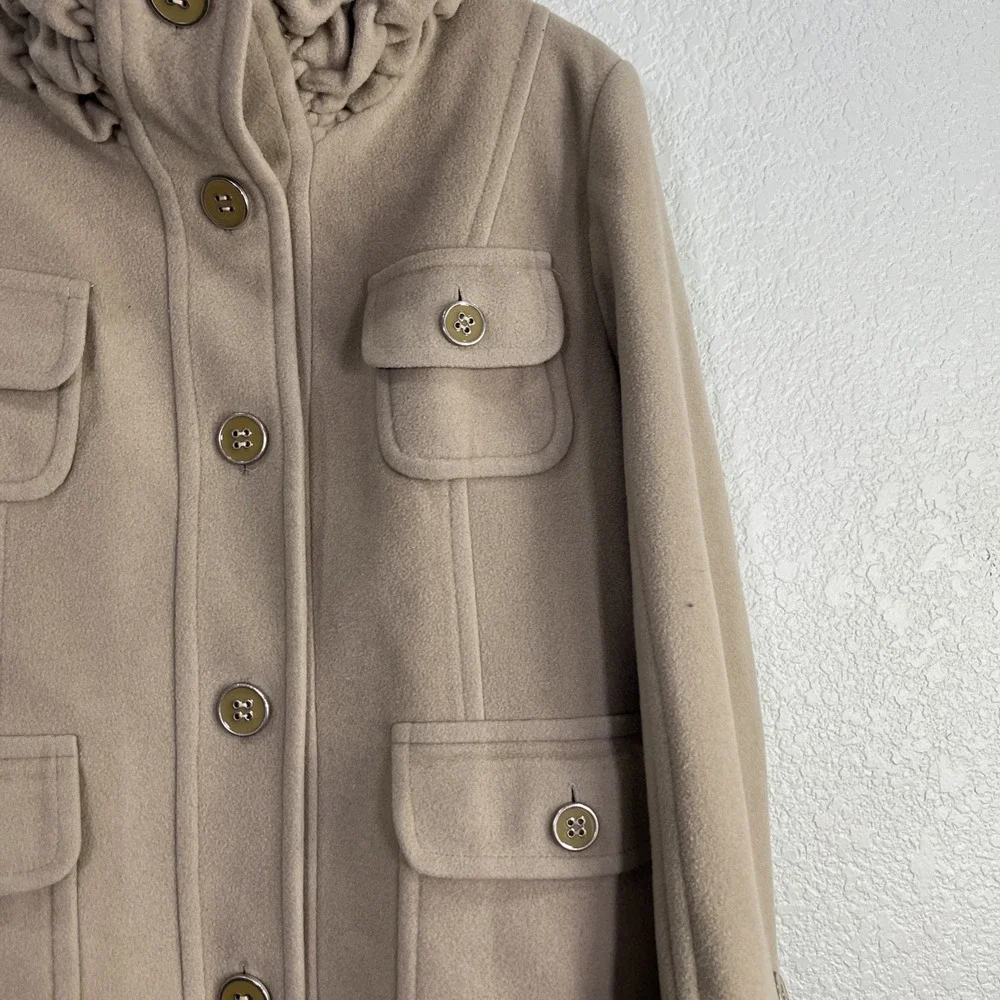 Perry Ellis Coat Women 6 Tan Wool Blend Ruffle Neck Pocket Utility Pea Coat Twee